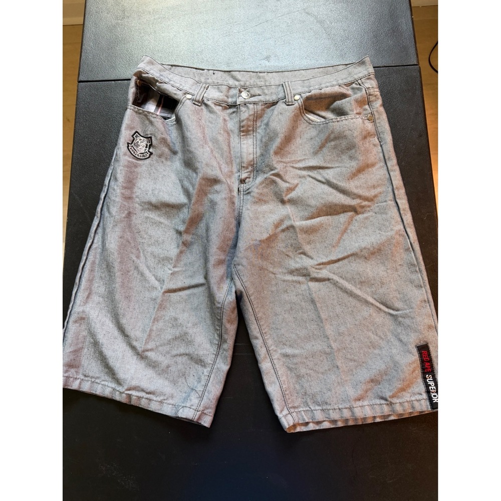 Y2K Red Ape Superior Mens Gray Denim Shorts Plaid Trim Baggy Streetwear Size 42